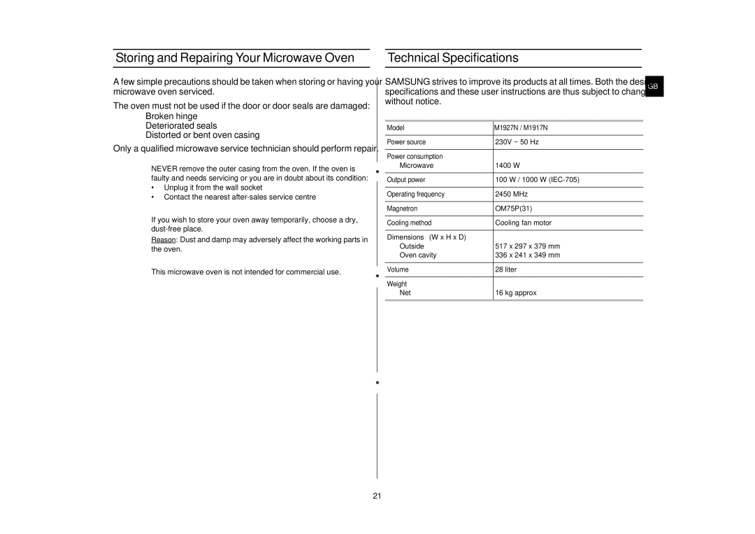 Samsung M1927N, M1917N manual Storing and Repairing Your Microwave Oven, Technical Specifications, Dimensions W x H x D 