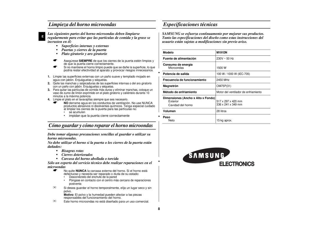 Samsung M191DN-5/XEC manual Limpieza del horno microondas, Especificaciones técnicas 