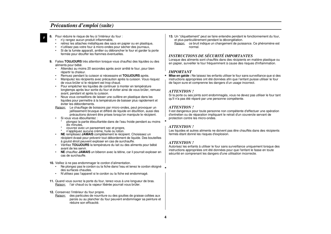 Samsung M191DN-5/XEF, M191DN/XEF manual Précautions d’emploi suite, Instructions DE Sécurité Importantes 