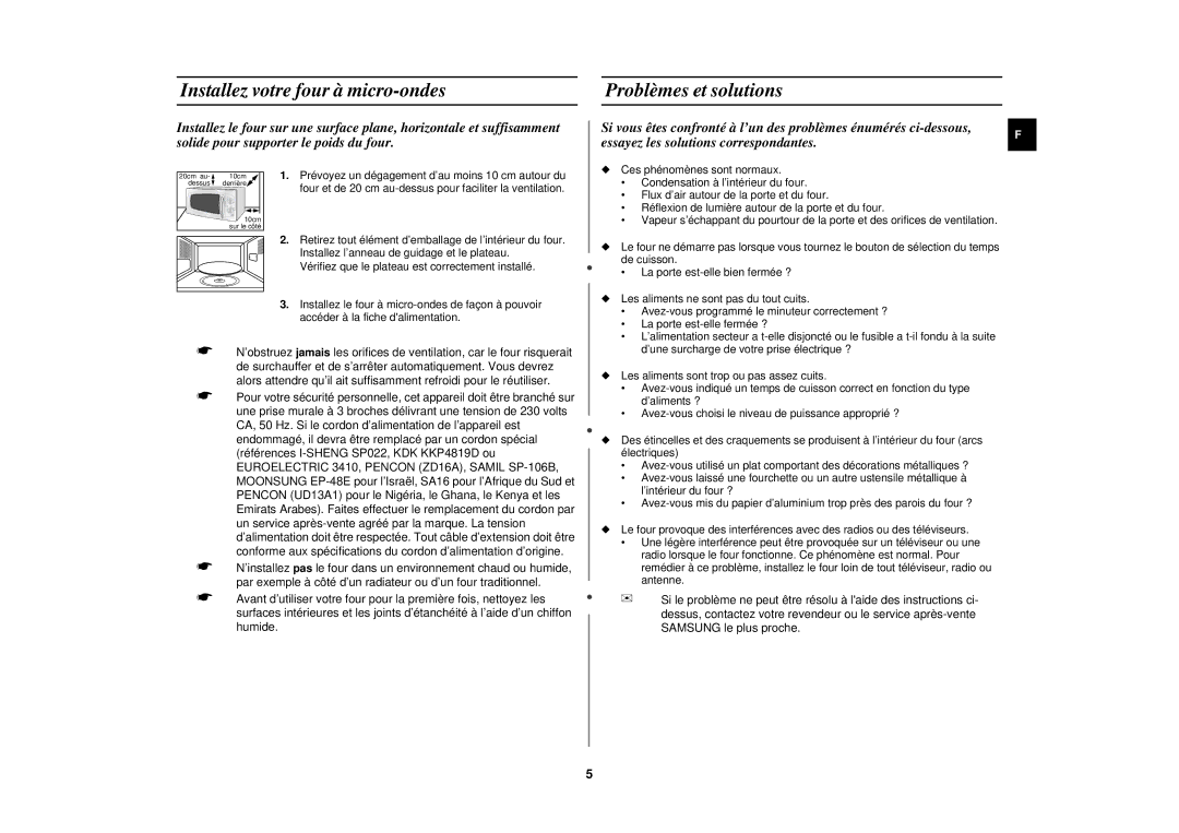 Samsung M191DN/XEF, M191DN-5/XEF manual Installez votre four à micro-ondes, Problèmes et solutions 