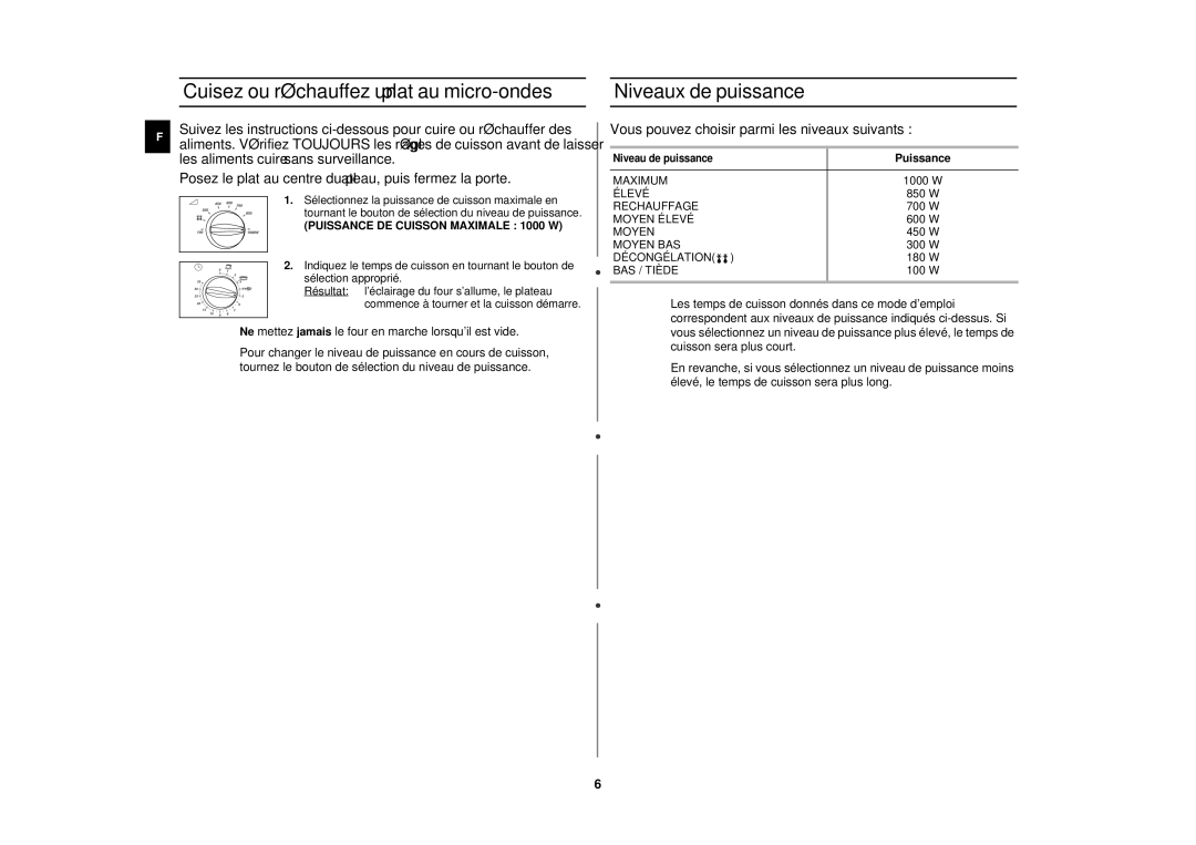 Samsung M191DN-5/XEF, M191DN/XEF manual Cuisez ou réchauffez un plat au micro-ondes, Niveaux de puissance 