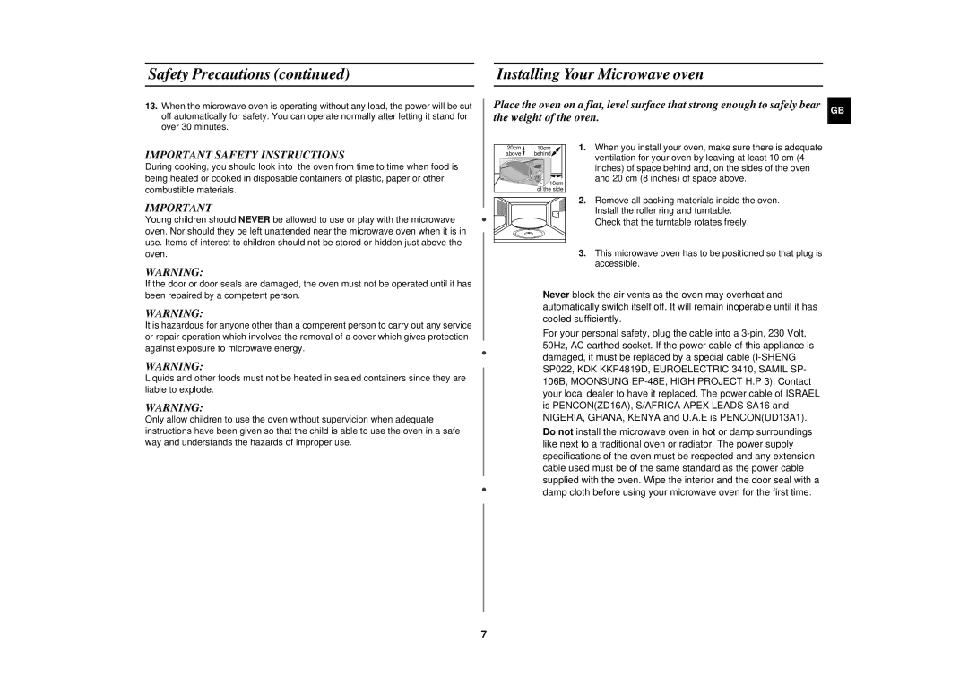 Samsung M1927N/BOL, M1927N-5/BOL manual Installing Your Microwave oven, Important Safety Instructions 