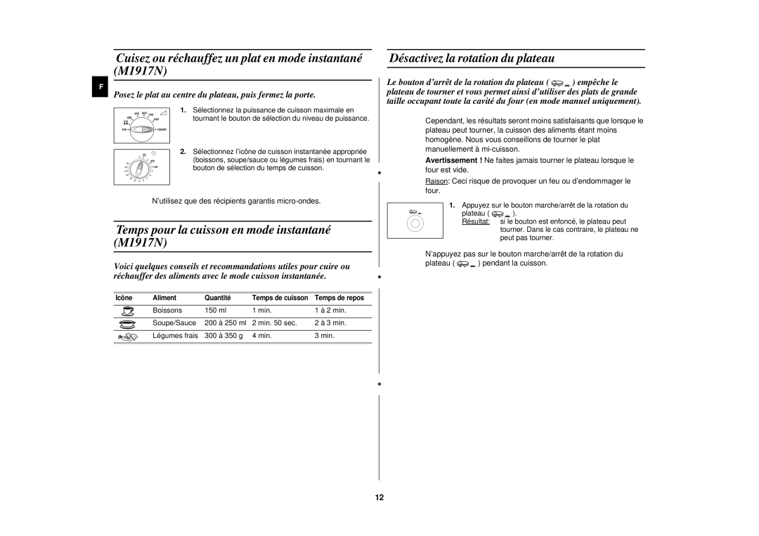 Samsung M1927N/XEF Cuisez ou réchauffez un plat en mode instantané M1917N, Temps pour la cuisson en mode instantané M1917N 