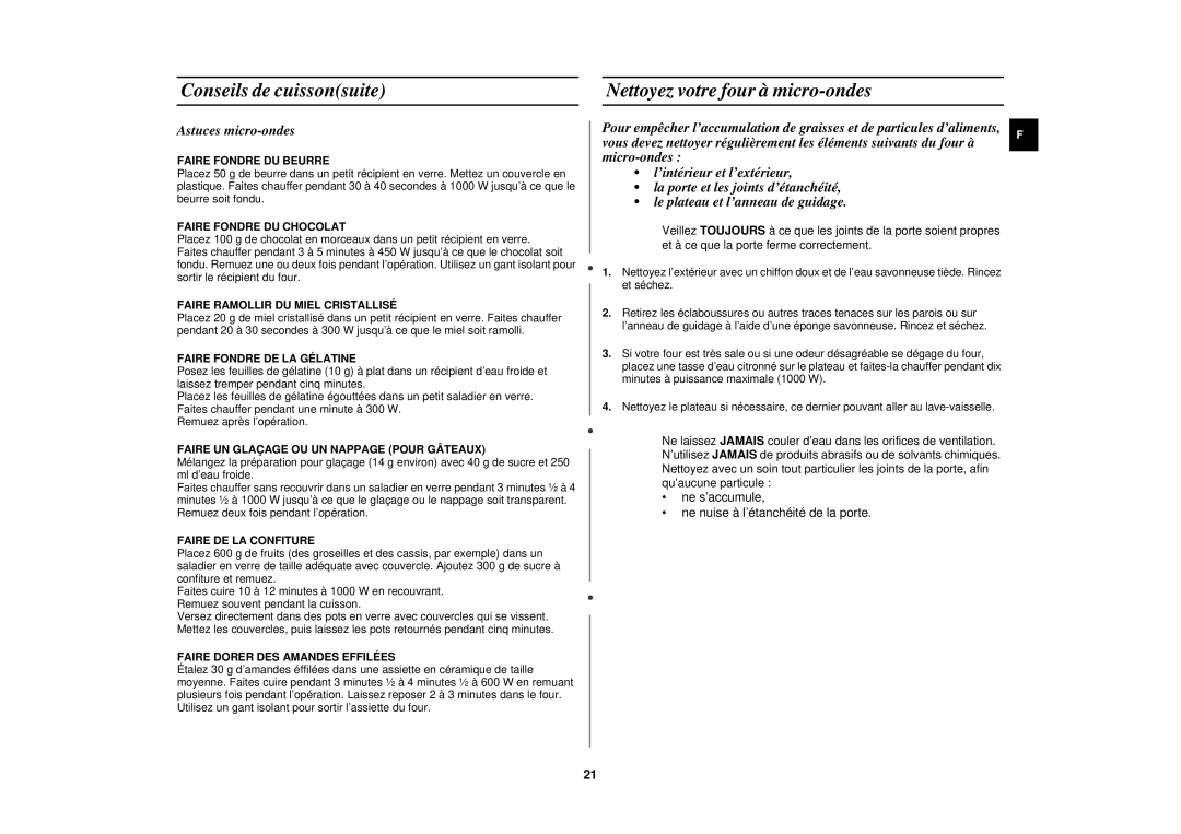 Samsung M1917N-X/XEF, M1927N/XEF, M1927N-Y/XEF, M1917N/XEF manual Nettoyez votre four à micro-ondes, Astuces micro-ondes 