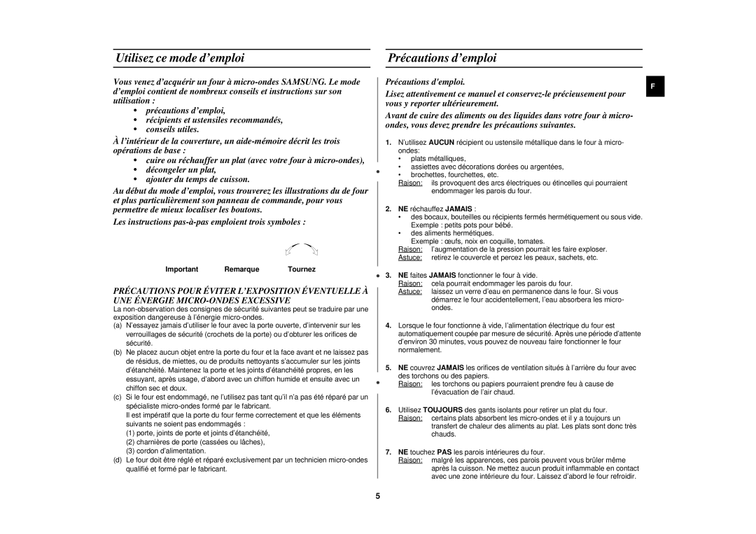 Samsung M1917N-X/XEF, M1927N/XEF, M1927N-Y/XEF Utilisez ce mode d’emploi, Précautions d’emploi, Important Remarque Tournez 