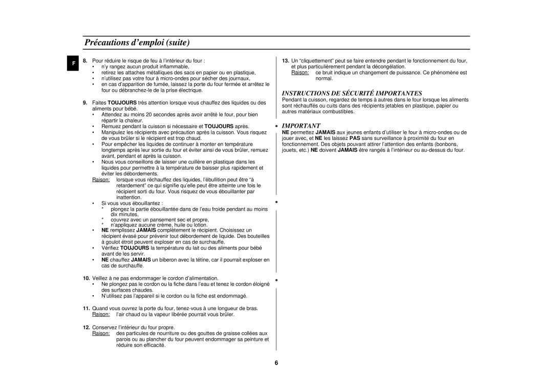 Samsung M1927N-Y/XEF, M1927N/XEF, M1917N-X/XEF, M1917N/XEF Précautions d’emploi suite, Instructions DE Sécurité Importantes 