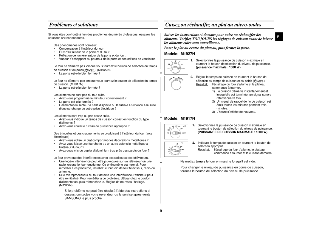 Samsung M1917N-X/XEF manual Problèmes et solutions, Cuisez ou réchauffez un plat au micro-ondes, Puissance maximale 1000 W 