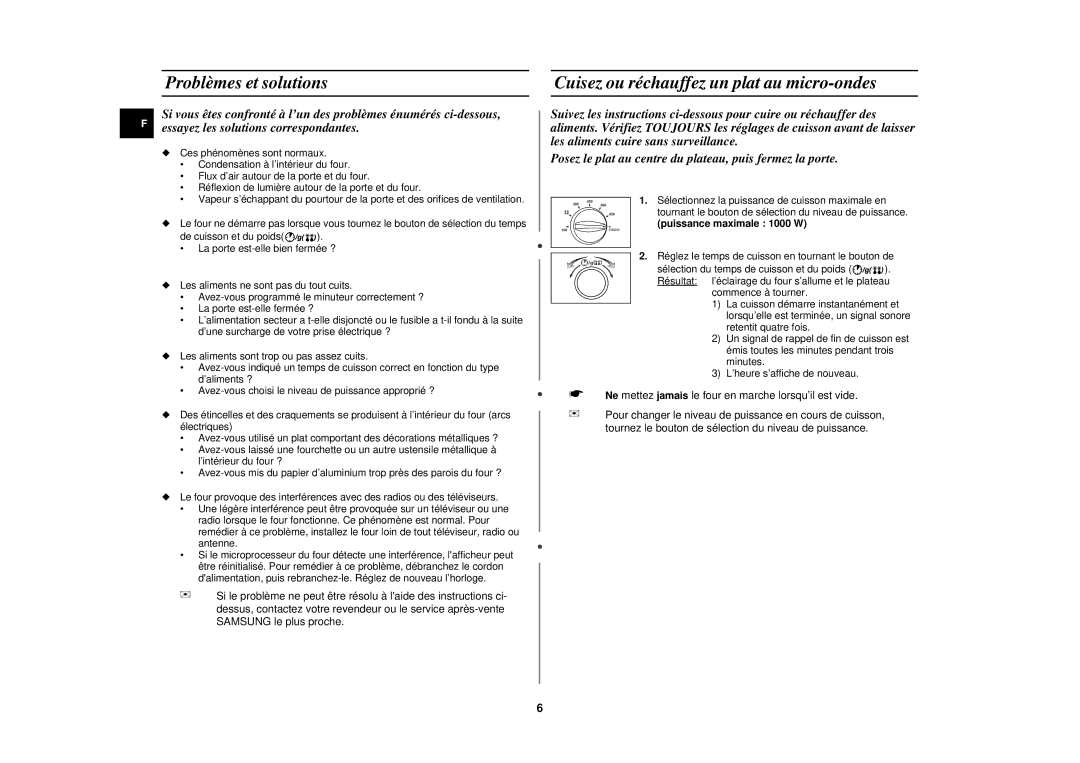 Samsung M192DN-5Y/XEF manual Problèmes et solutions, Cuisez ou réchauffez un plat au micro-ondes, Puissance maximale 1000 W 