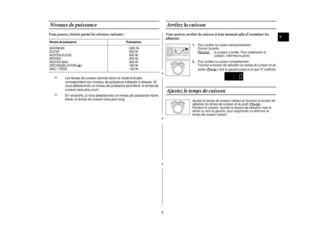 Samsung M192DN-5/XEF, M192DN-5Y/XEF manual Niveaux de puissance, Arrêtez la cuisson, Ajustez le temps de cuisson, Puissance 