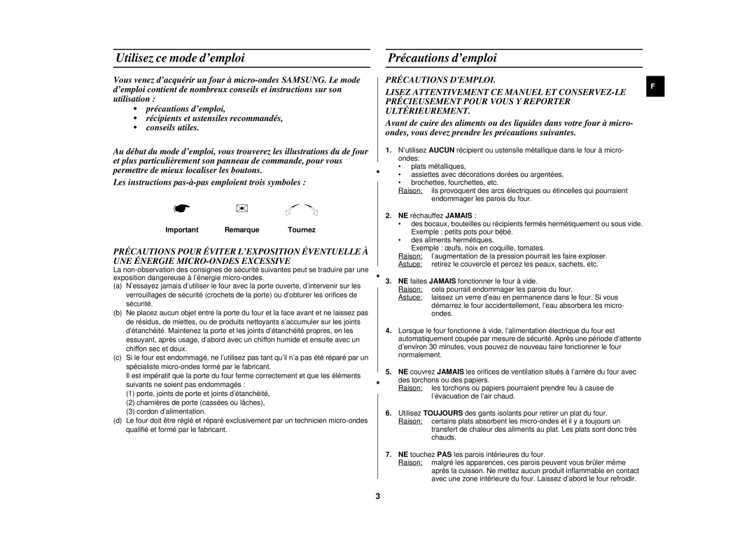 Samsung M192DN-5Y/XEF, M192DN-5/XEF, M192DN/XEF Utilisez ce mode d’emploi, Précautions d’emploi, Important Remarque Tournez 