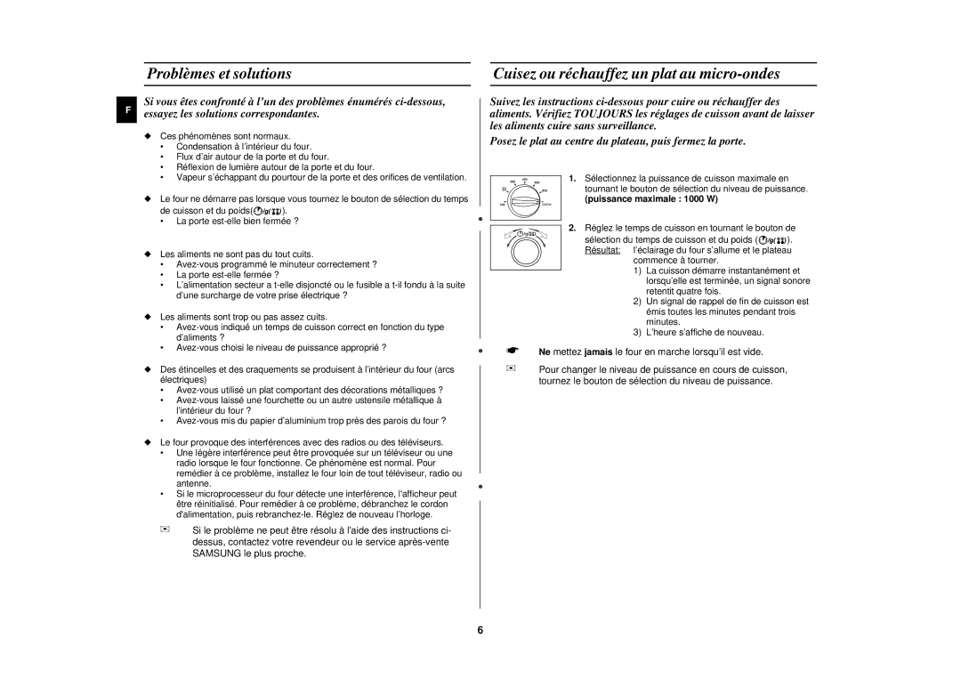 Samsung M192DN-5Y/XEF manual Problèmes et solutions, Cuisez ou réchauffez un plat au micro-ondes, Puissance maximale 1000 W 