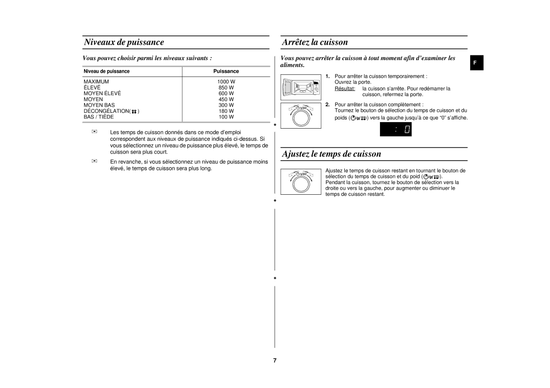 Samsung M192DN-5/XEF, M192DN-5Y/XEF manual Niveaux de puissance, Arrêtez la cuisson, Ajustez le temps de cuisson, Puissance 