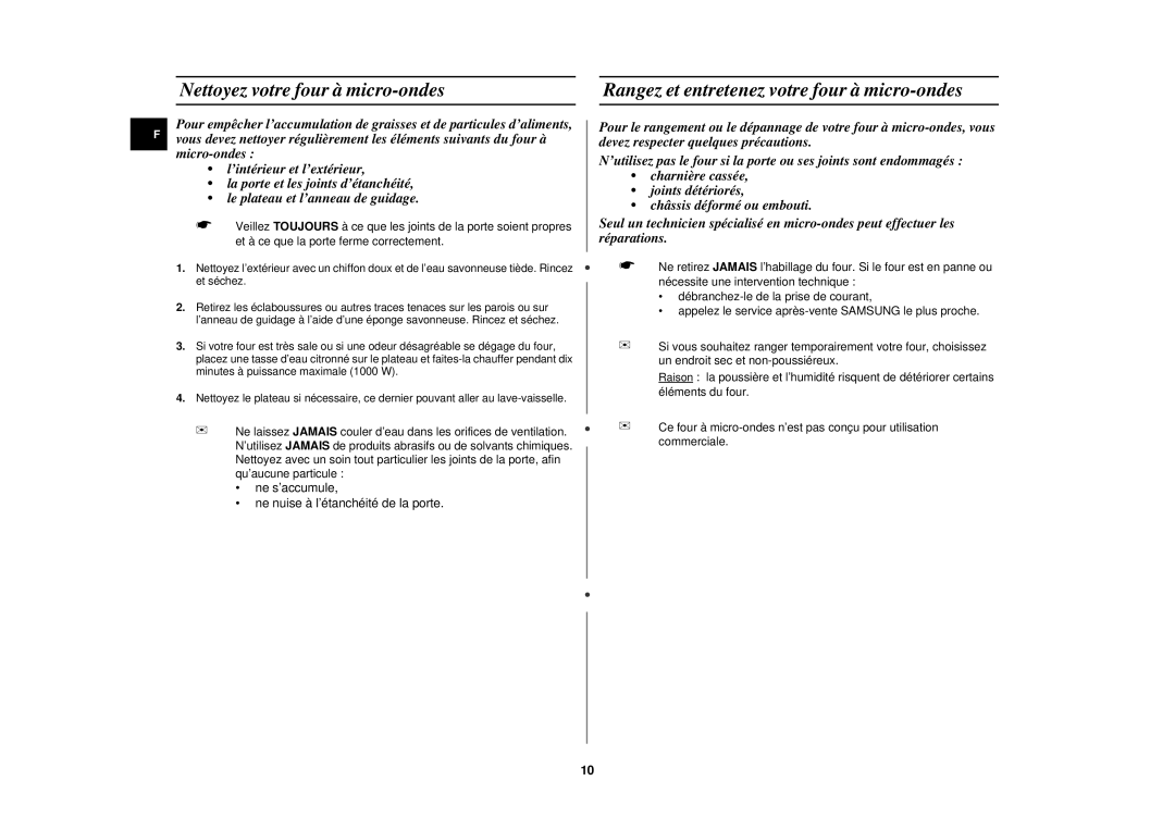 Samsung M192DN-Y/XEF manual Nettoyez votre four à micro-ondes, Rangez et entretenez votre four à micro-ondes 