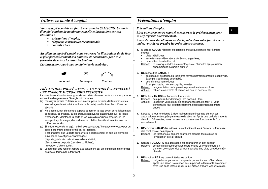 Samsung M192DN-Y/XEF manual Utilisez ce mode d’emploi, Précautions d’emploi, Important Remarque Tournez 