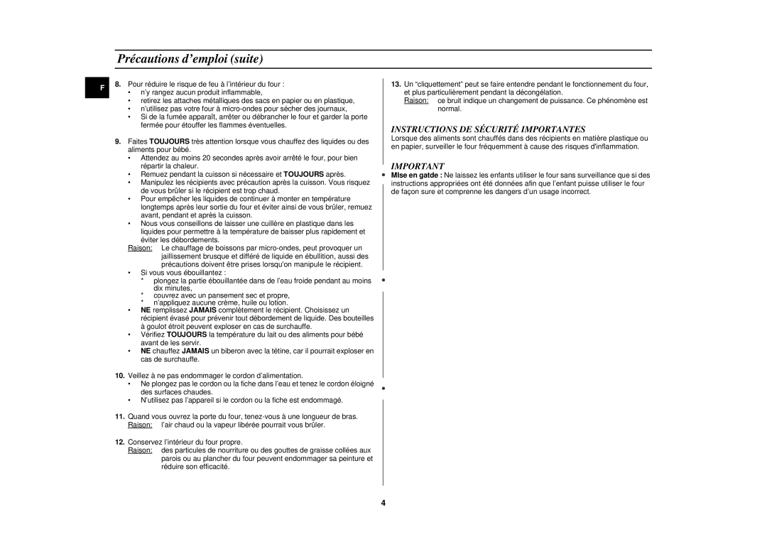 Samsung M192DN-Y/XEF manual Précautions d’emploi suite, Instructions DE Sécurité Importantes 