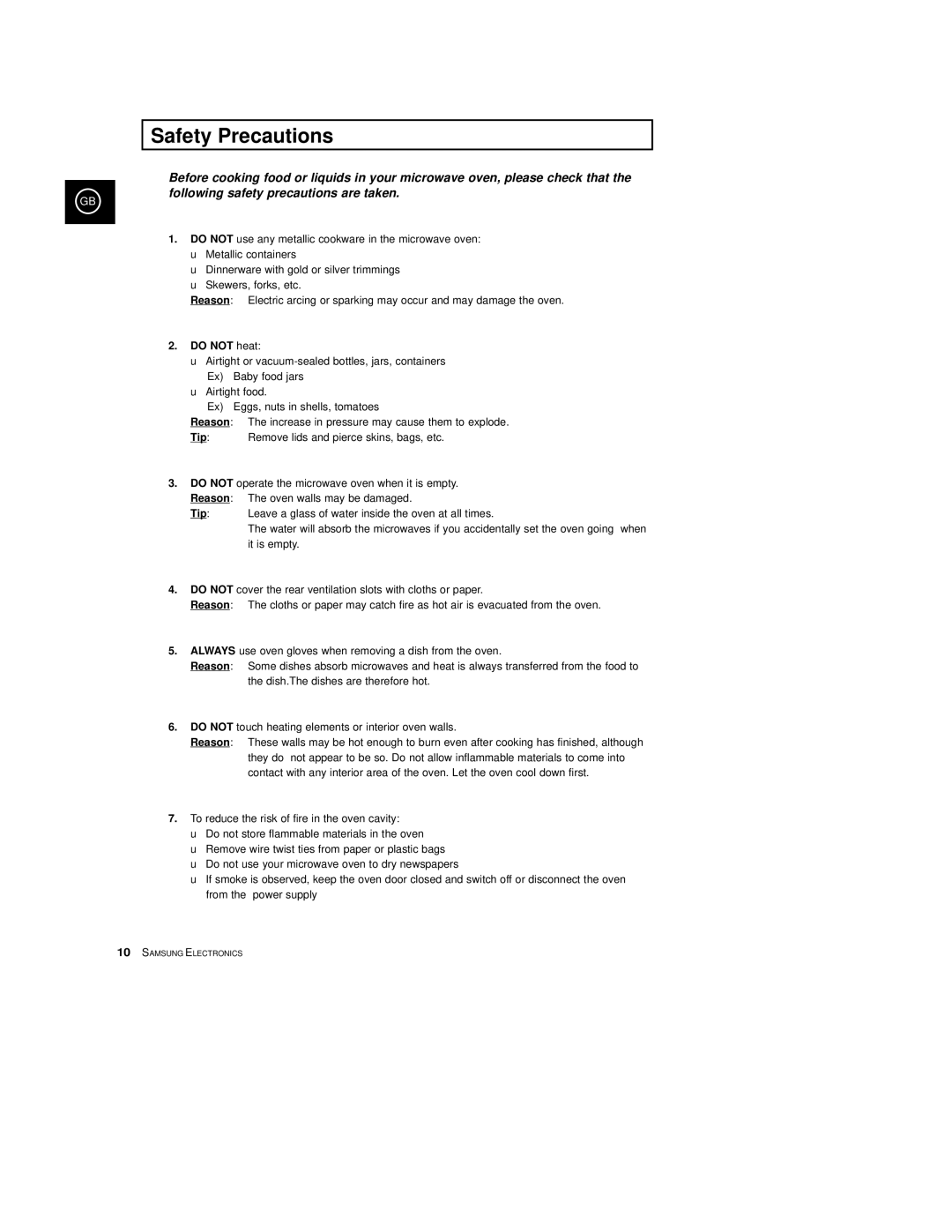 Samsung M1933/EUR manual Safety Precautions, Do not heat, Reason, Tip 