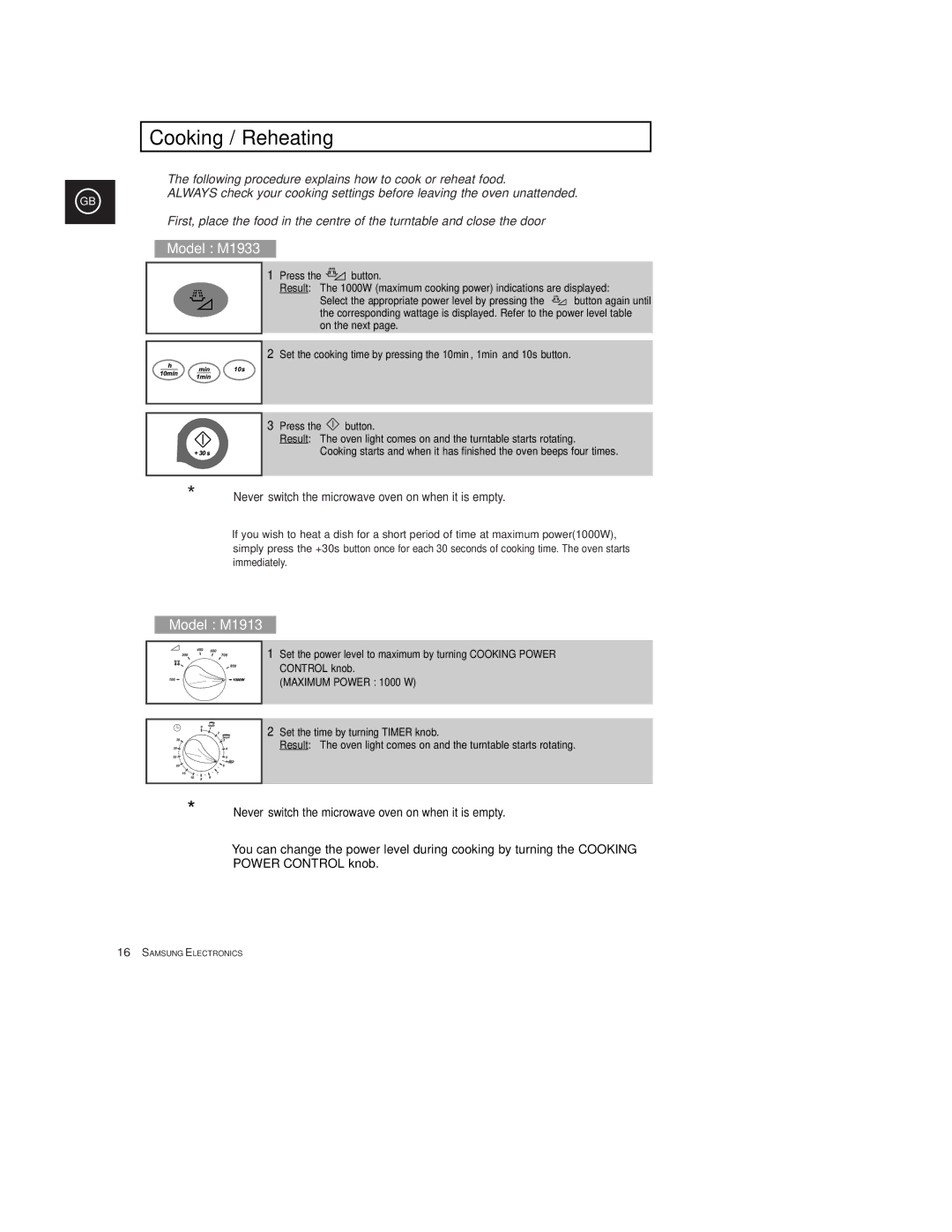 Samsung M1933/EUR manual Cooking / Reheating, Control knob 