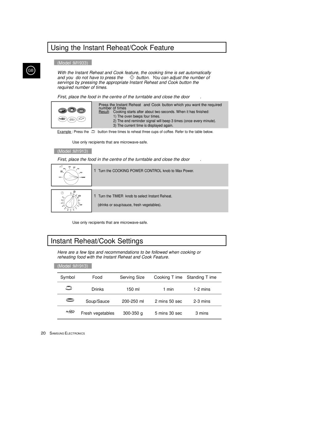 Samsung M1933/EUR manual Using the Instant Reheat/Cook Feature, Instant Reheat/Cook Settings, Symbol 