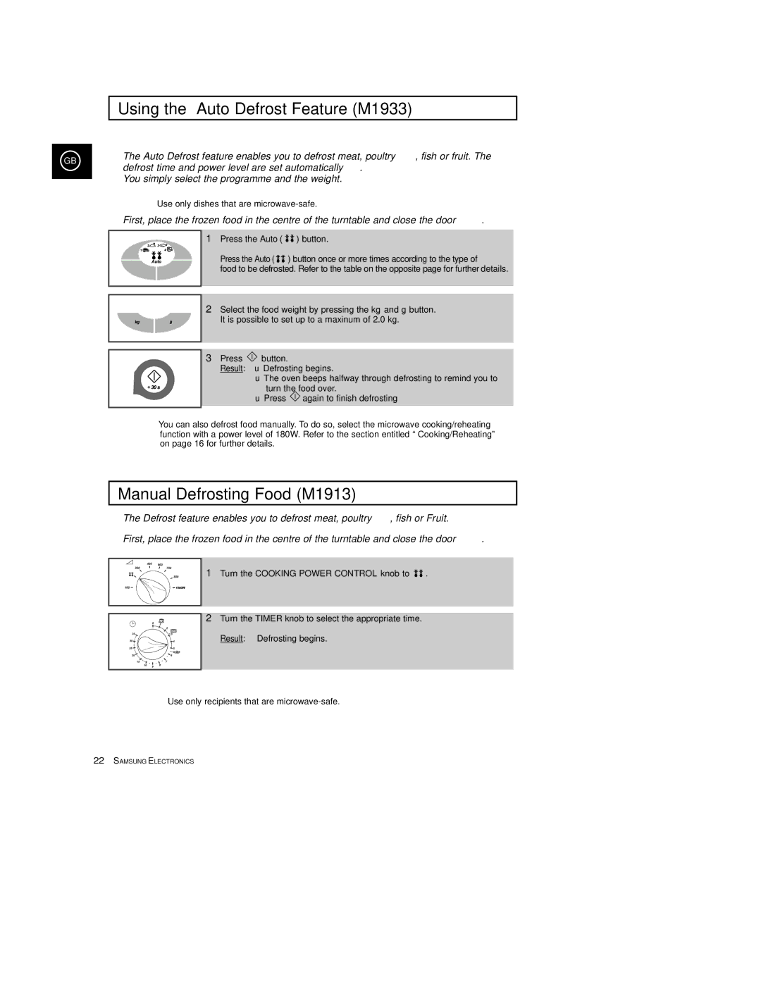 Samsung M1933/EUR manual Using the Auto Defrost Feature M1933, Manual Defrosting Food M1913 