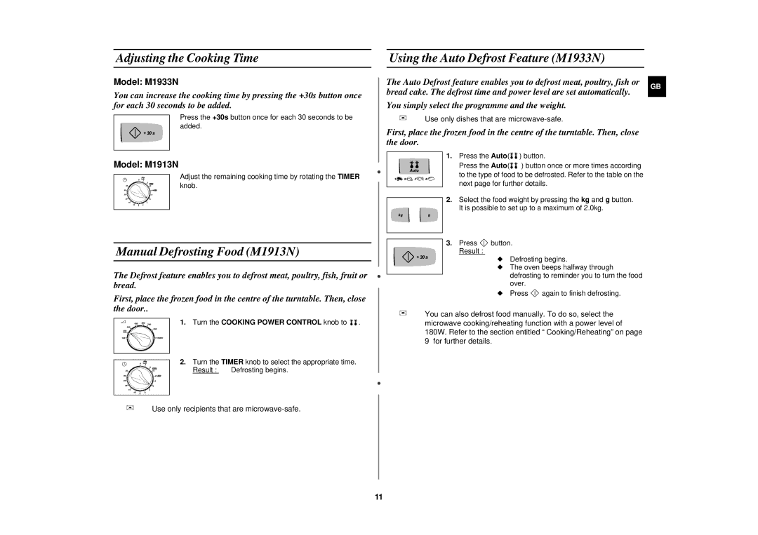 Samsung manual Adjusting the Cooking Time, Manual Defrosting Food M1913N, Using the Auto Defrost Feature M1933N 