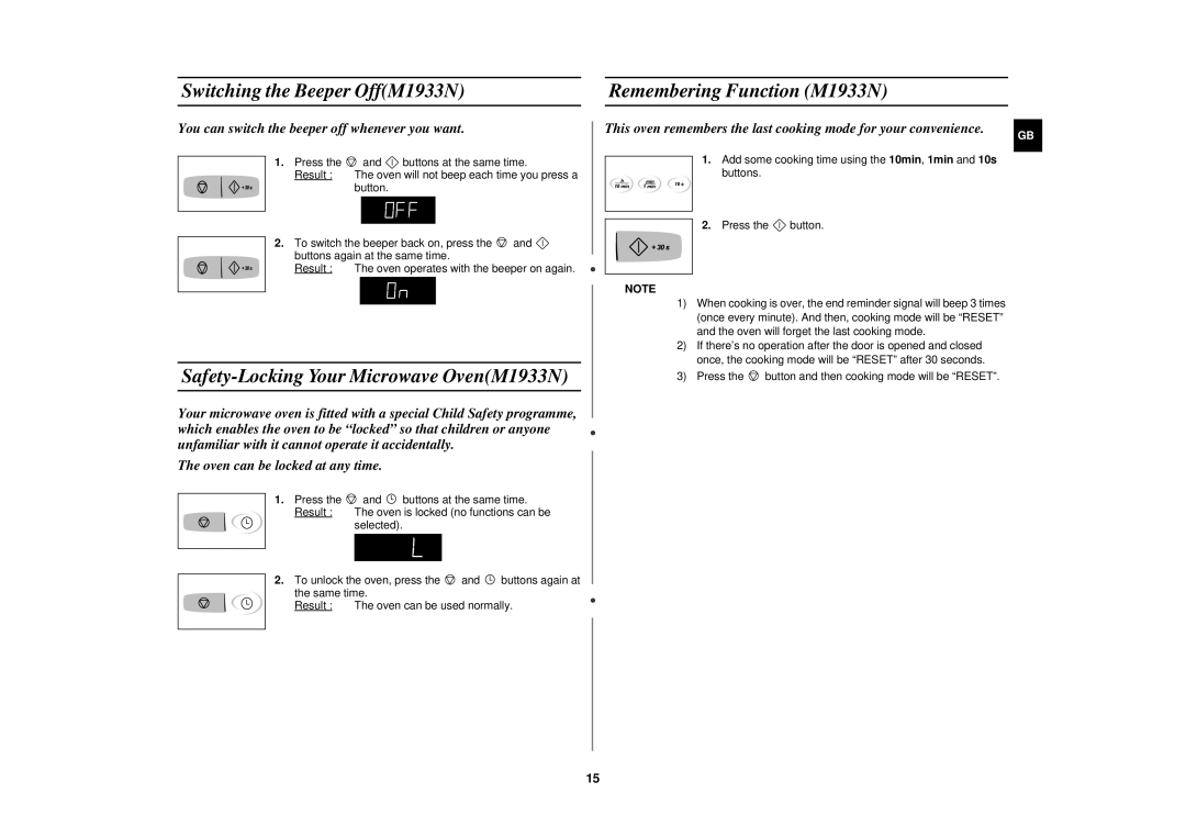 Samsung M1913N manual Switching the Beeper OffM1933N Remembering Function M1933N, Safety-Locking Your Microwave OvenM1933N 