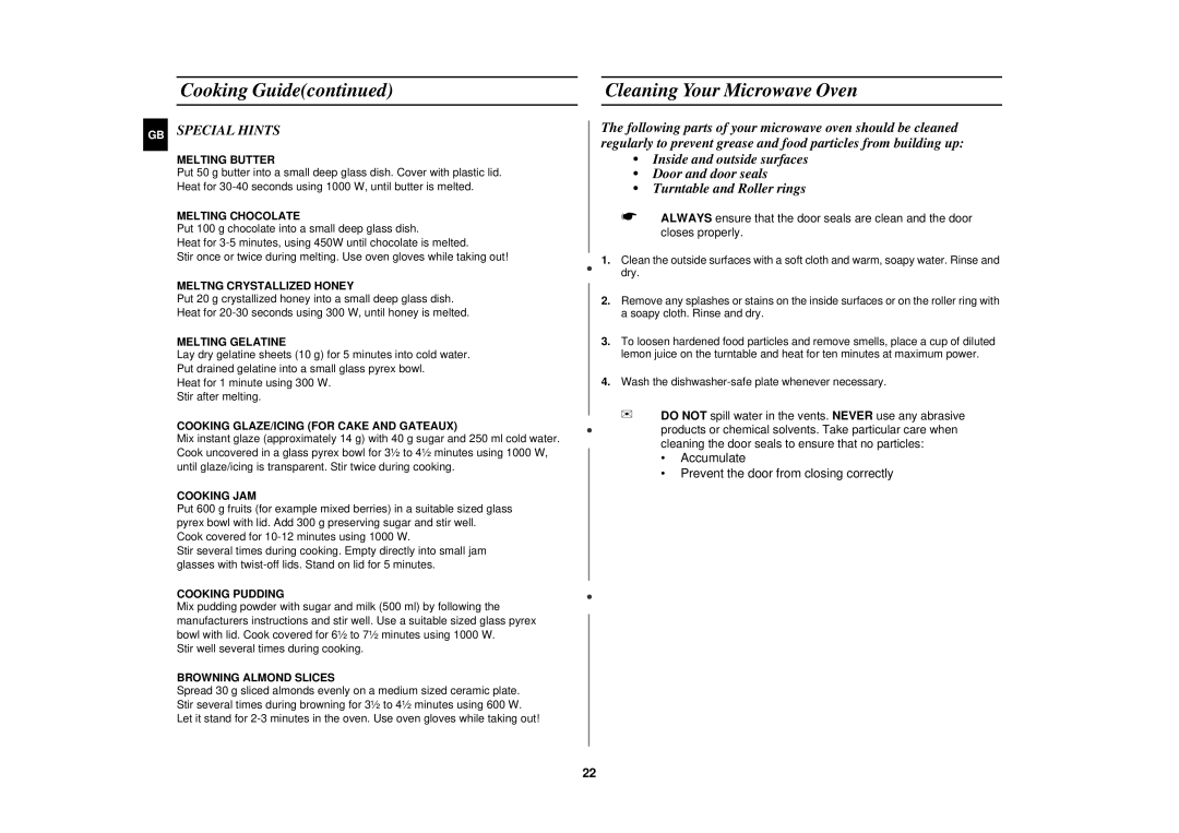 Samsung M1933N, M1913N manual Cleaning Your Microwave Oven, GB Special Hints 