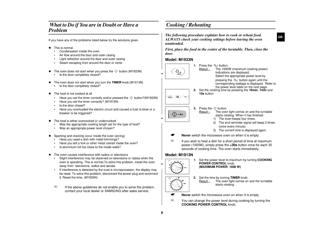 Samsung M1913N, M1933N manual What to Do if You are in Doubt or Have a Problem, Cooking / Reheating 