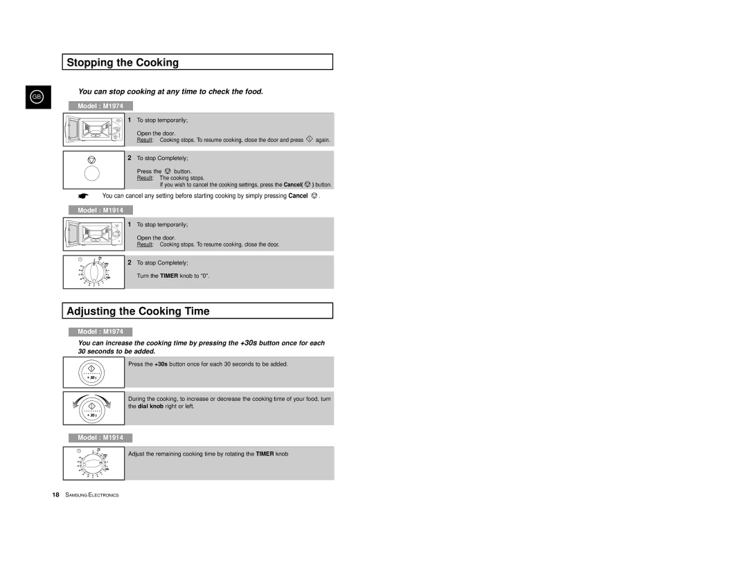 Samsung M1974/XEG, M1974-S/XEG, M1974-C/XEG manual Stopping the Cooking, Adjusting the Cooking Time 