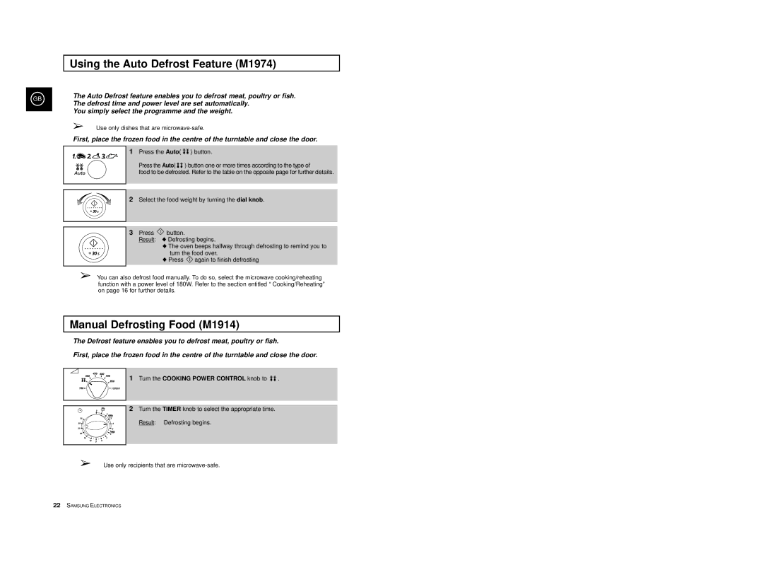 Samsung M1974-S/XEG, M1974/XEG, M1974-C/XEG manual Using the Auto Defrost Feature M1974, Manual Defrosting Food M1914 