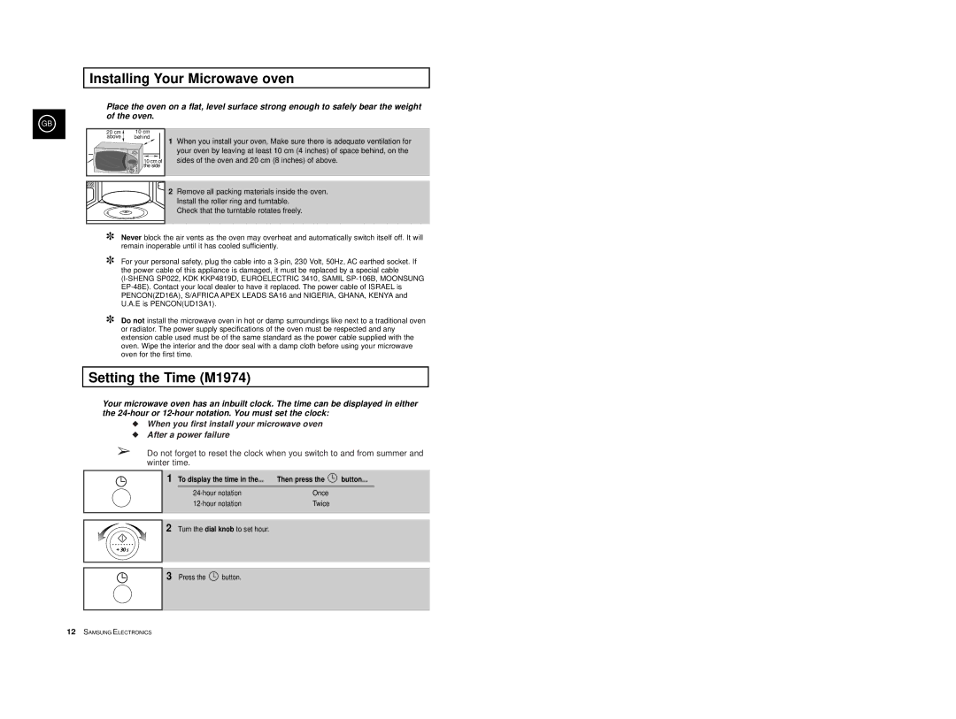 Samsung M1974/XEG manual Installing Your Microwave oven, Setting the Time M1974, To display the time Then press Button 