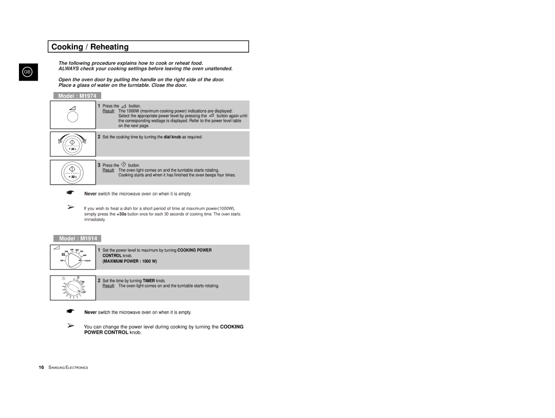 Samsung M1974-S/XEG, M1974/XEG, M1974-C/XEG manual Cooking / Reheating, Control knob 