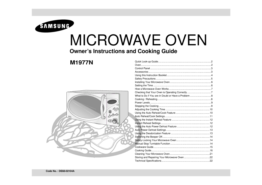 Samsung M1977N/LIB, M1977N/XEF, M1977NCE/SAM manual Microwave Oven, Code No. DE68-02104A 