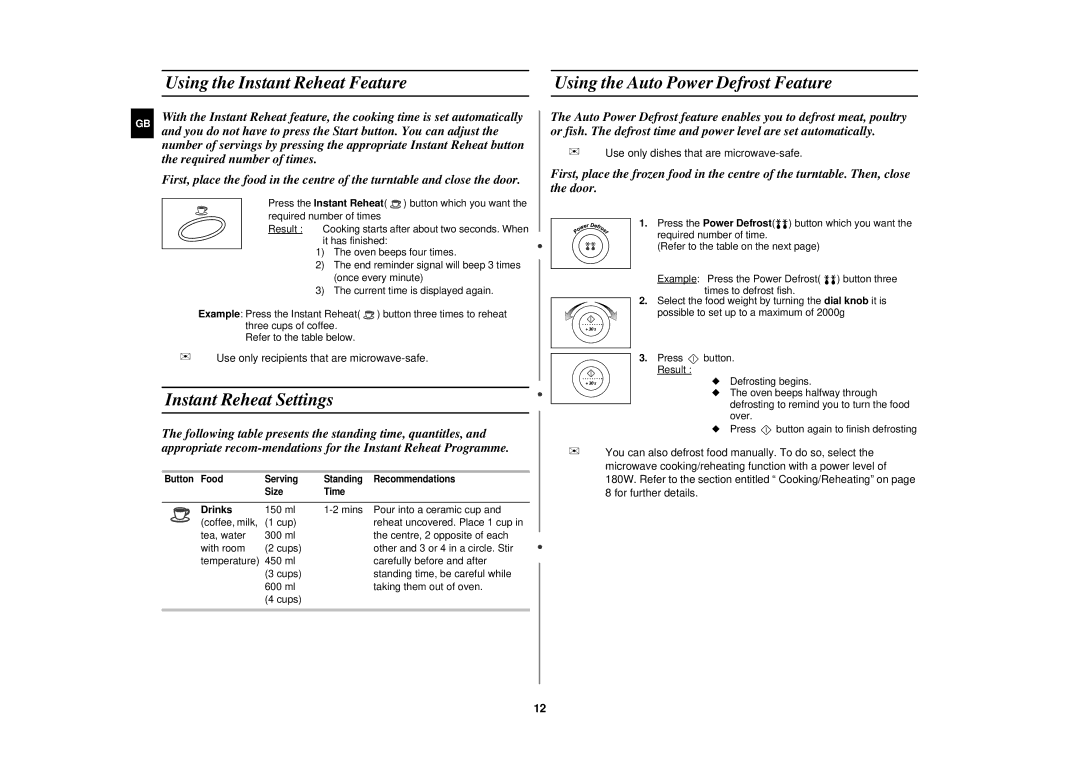 Samsung M1977N/XEF, M1977N/LIB, M1977NCE/SAM manual Instant Reheat Settings, Drinks 