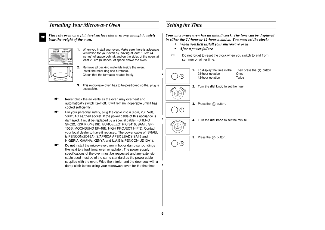 Samsung M1977N/XEF, M1977N/LIB, M1977NCE/SAM Installing Your Microwave Oven Setting the Time, Bear the weight of the oven 