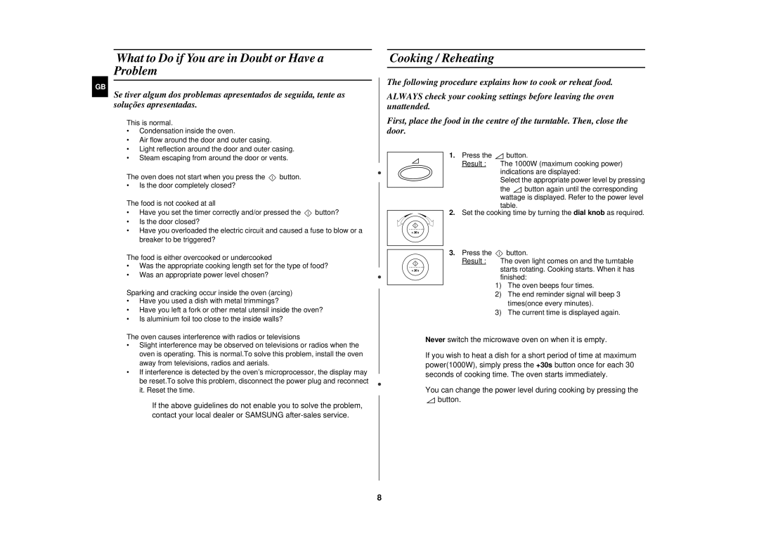 Samsung M1977NCE/SAM, M1977N/XEF, M1977N/LIB manual What to Do if You are in Doubt or Have a Problem, Cooking / Reheating 