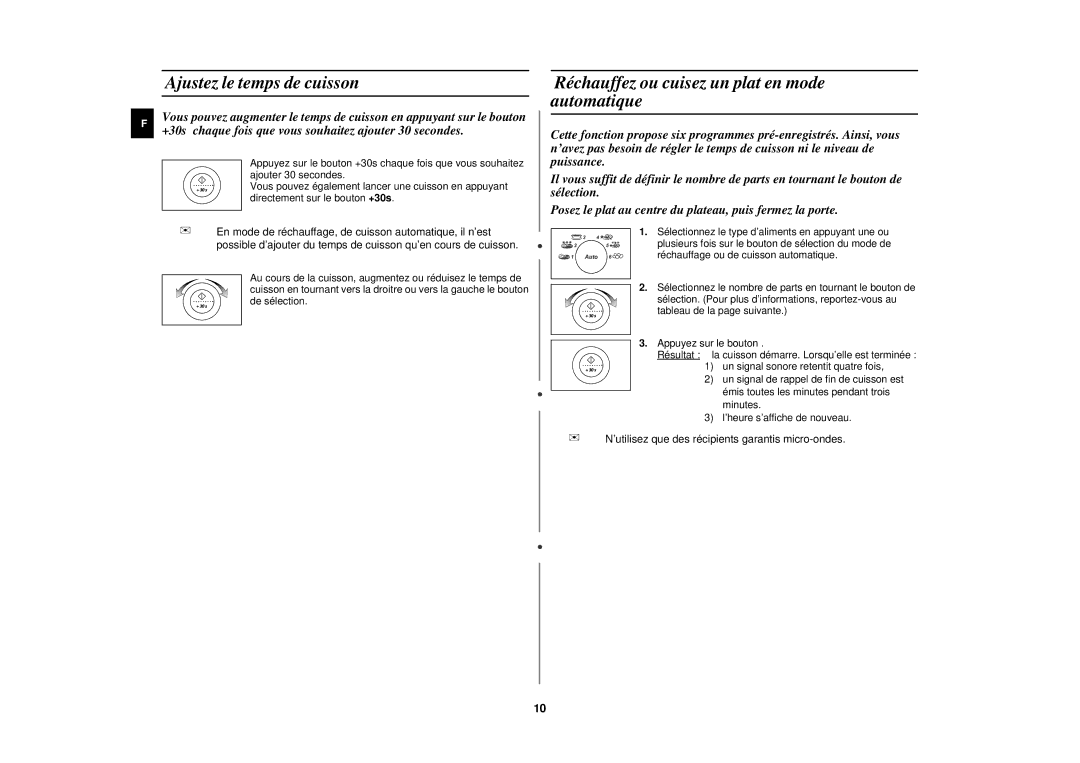 Samsung M1977N/XEF manual Ajustez le temps de cuisson, Réchauffez ou cuisez un plat en mode automatique 