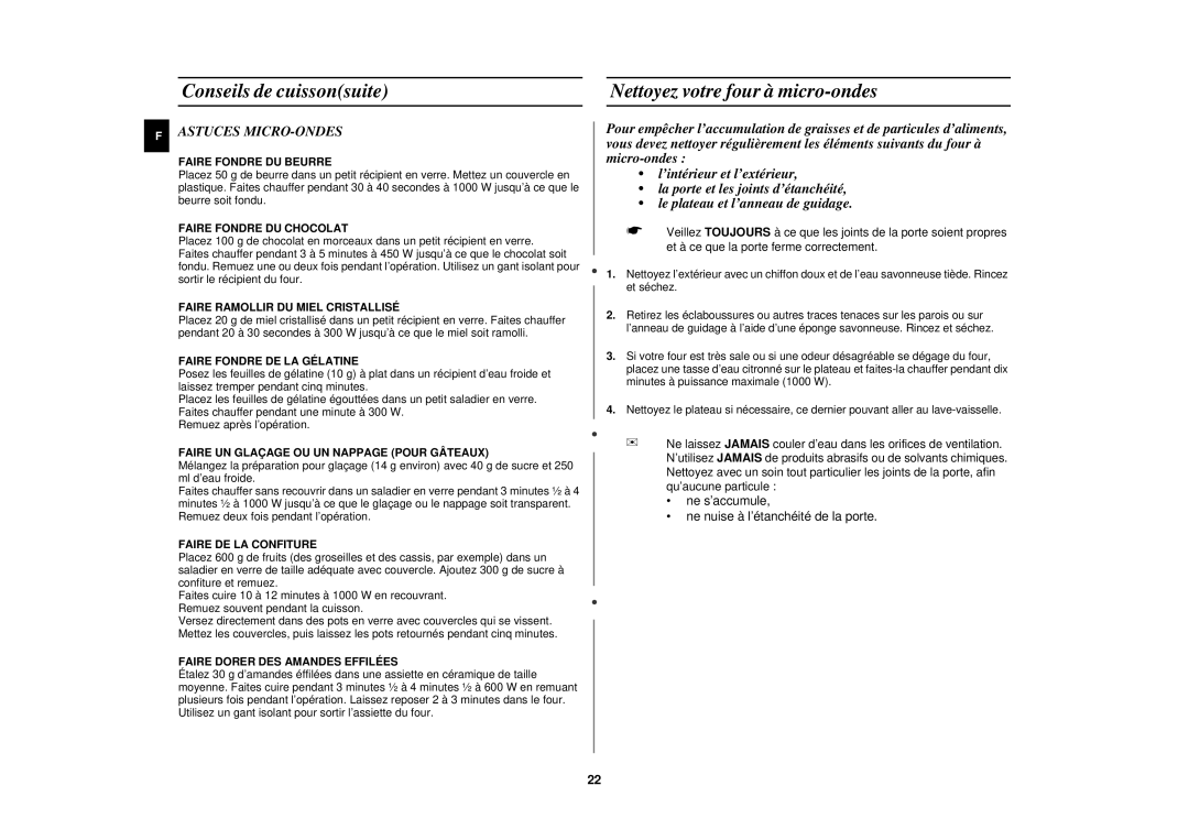 Samsung M1977N/XEF manual Nettoyez votre four à micro-ondes, Astuces MICRO-ONDES 