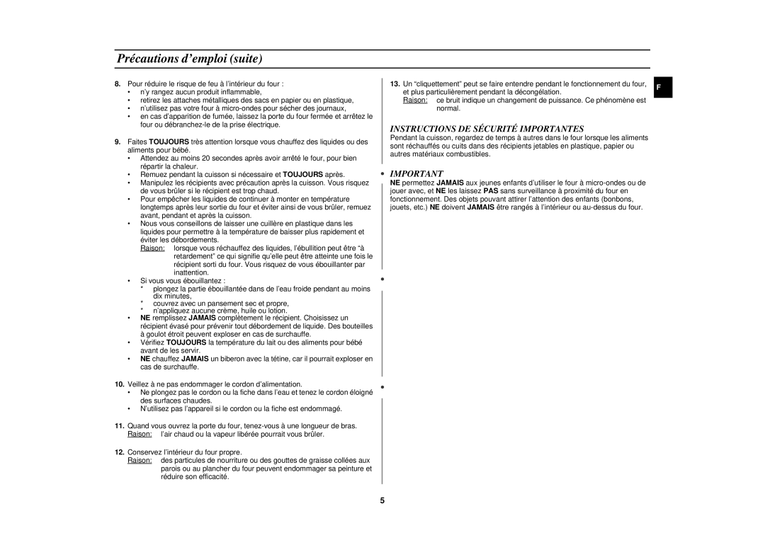 Samsung M1977N/XEF manual Précautions d’emploi suite, Instructions DE Sécurité Importantes 