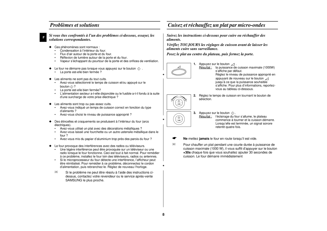 Samsung M1977N/XEF manual Problèmes et solutions, Cuisez et réchauffez un plat par micro-ondes 
