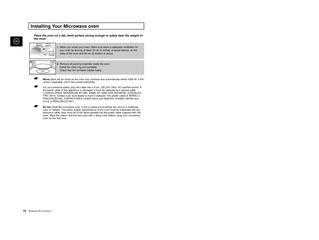 Samsung M1977/XEF manual Installing Your Microwave oven 