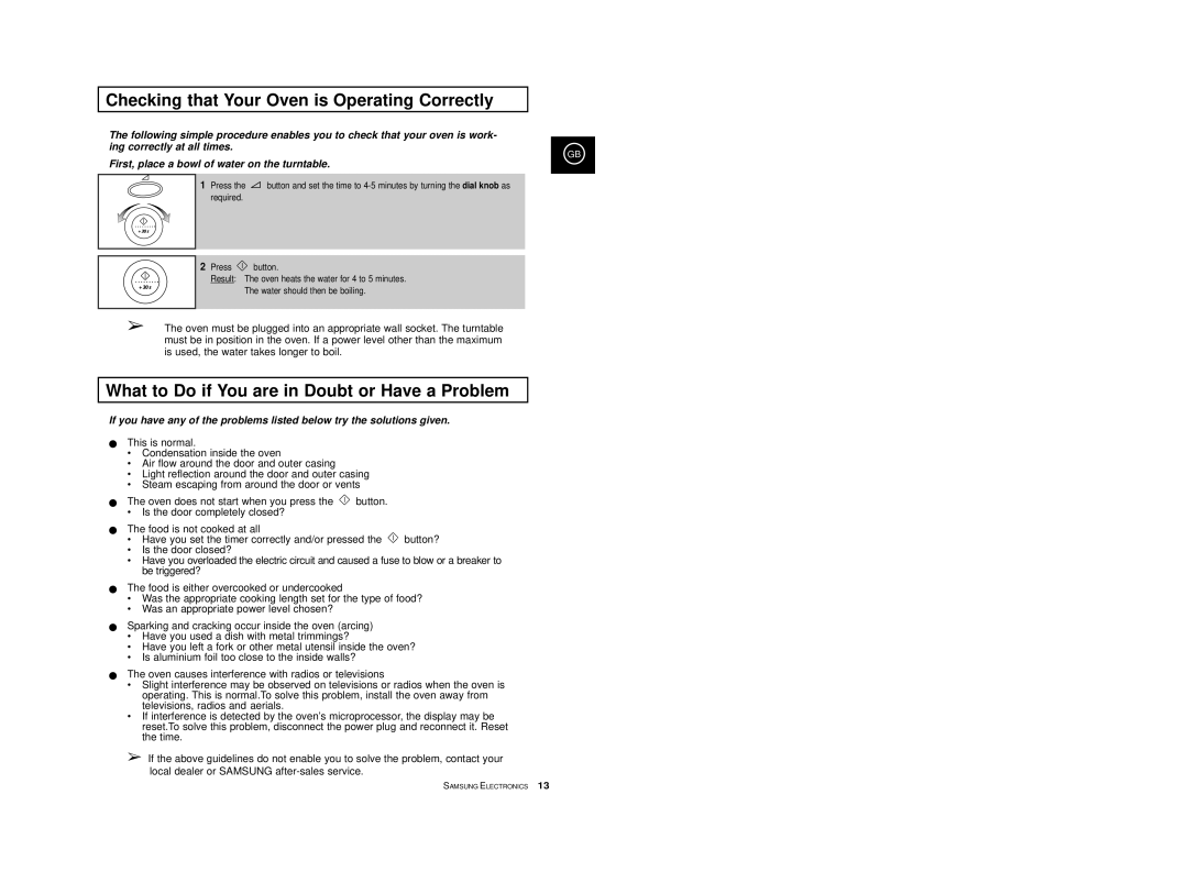 Samsung M1977/XEF manual Checking that Your Oven is Operating Correctly, What to Do if You are in Doubt or Have a Problem 