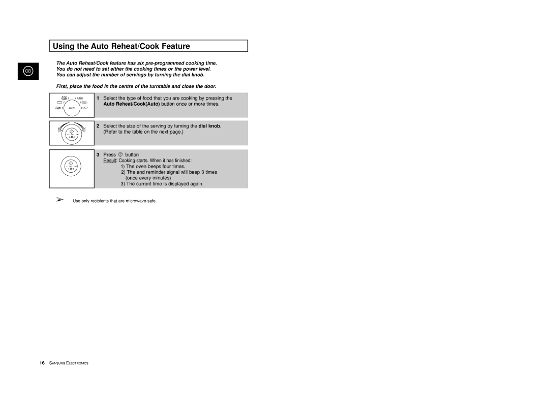 Samsung M1977/XEF manual Using the Auto Reheat/Cook Feature 