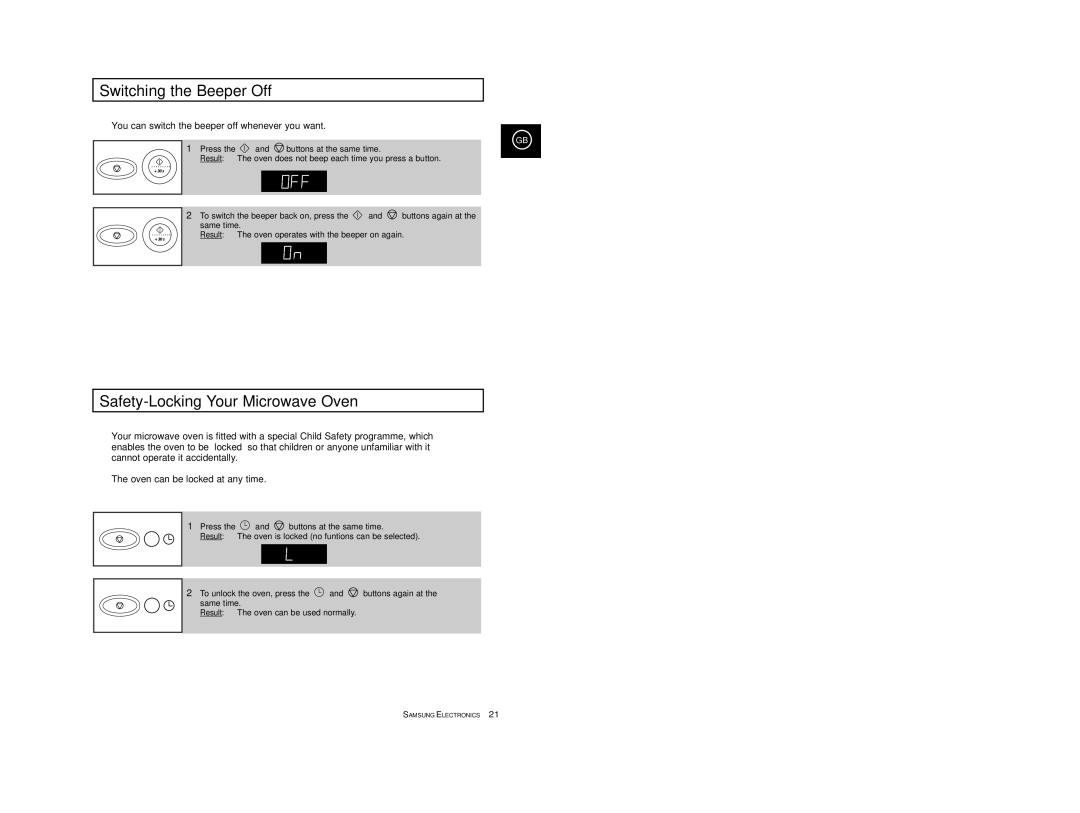 Samsung M1977/XEF manual Switching the Beeper Off, Safety-Locking Your Microwave Oven 