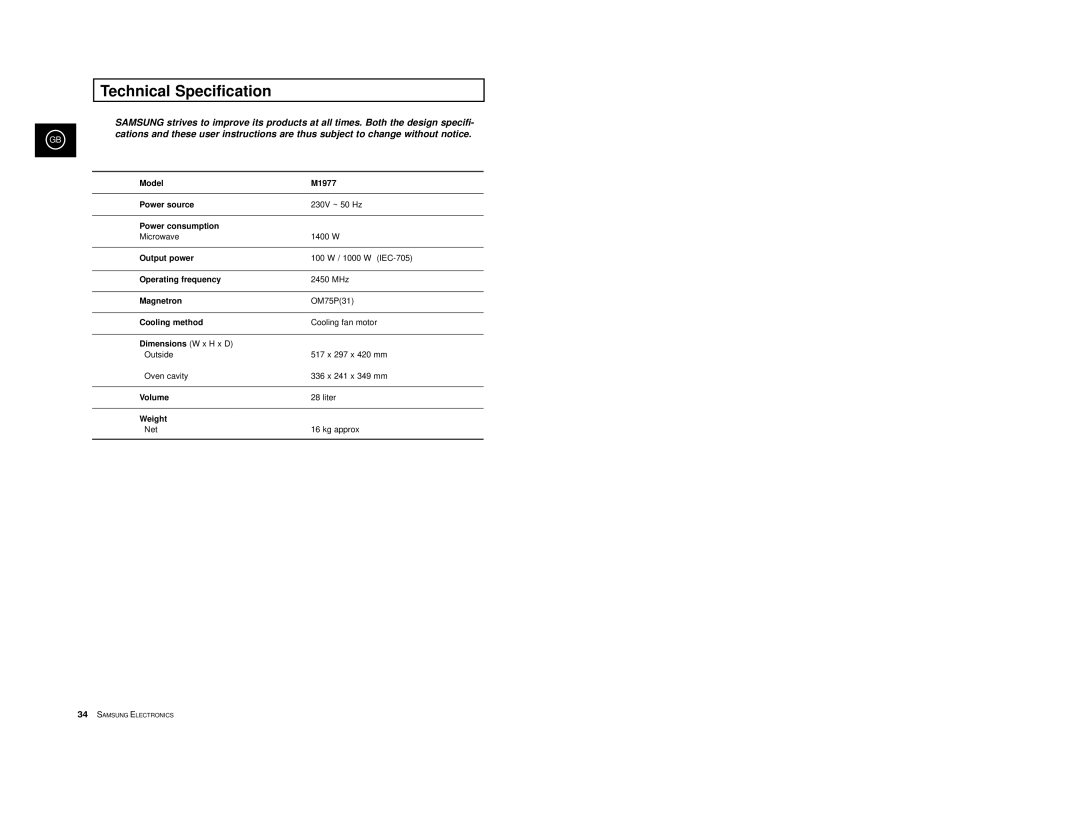 Samsung M1977/XEF manual Technical Specification 