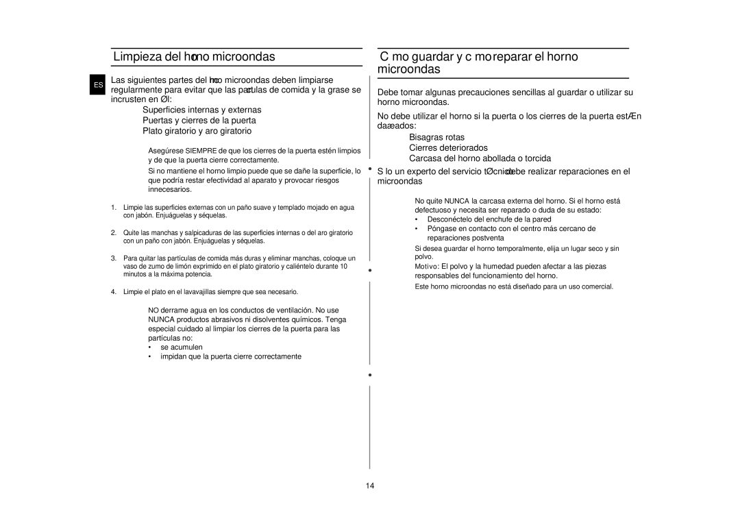Samsung M197DF-5/XEC, M197DF/XEC manual Limpieza del horno microondas, Cómo guardar y cómo reparar el horno microondas 