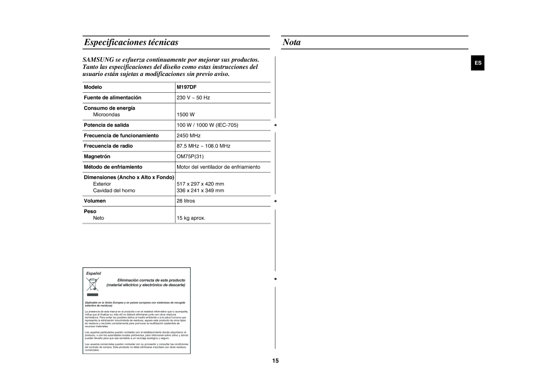 Samsung M197DF/XEC, M197DF-5/XEC manual Especificaciones técnicas Nota 