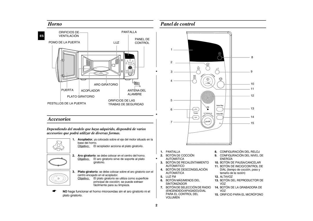 Samsung M197DF-5/XEC, M197DF/XEC manual Horno, Accesorios, Panel de control 