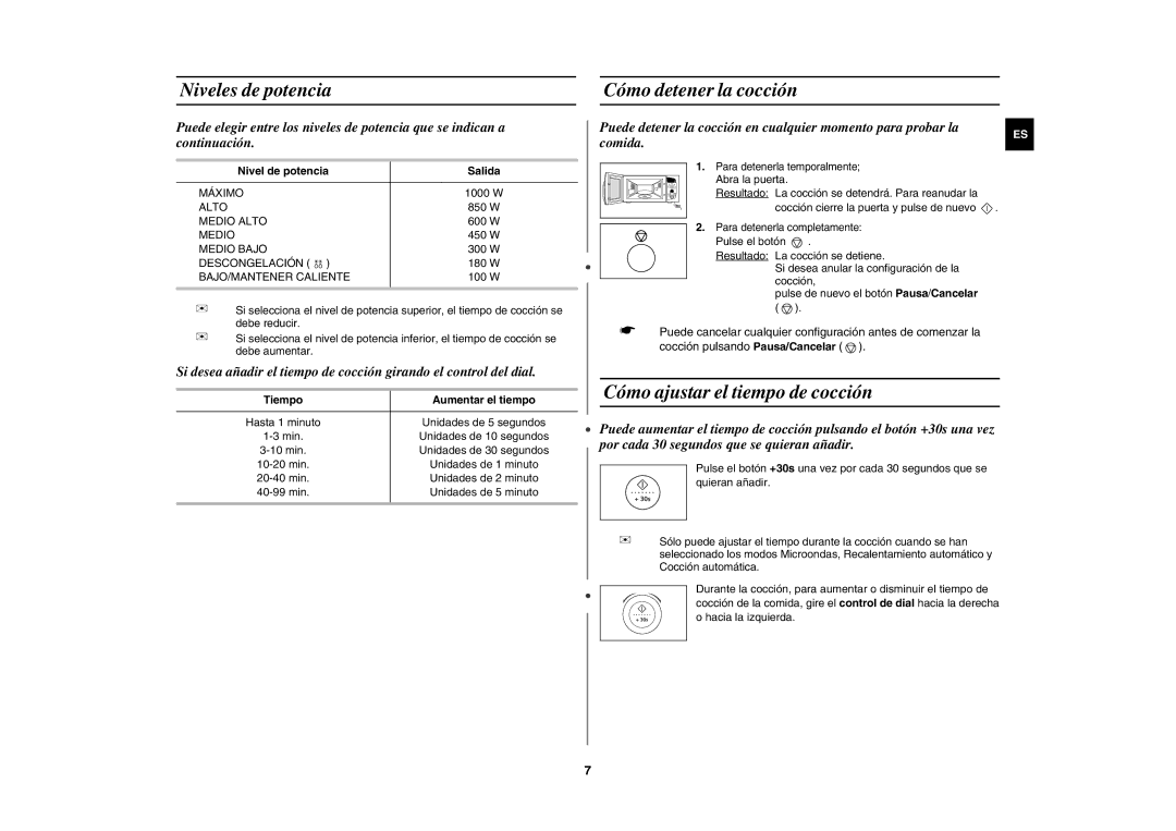 Samsung M197DF/XEC, M197DF-5/XEC manual Niveles de potencia, Cómo detener la cocción, Cómo ajustar el tiempo de cocción 