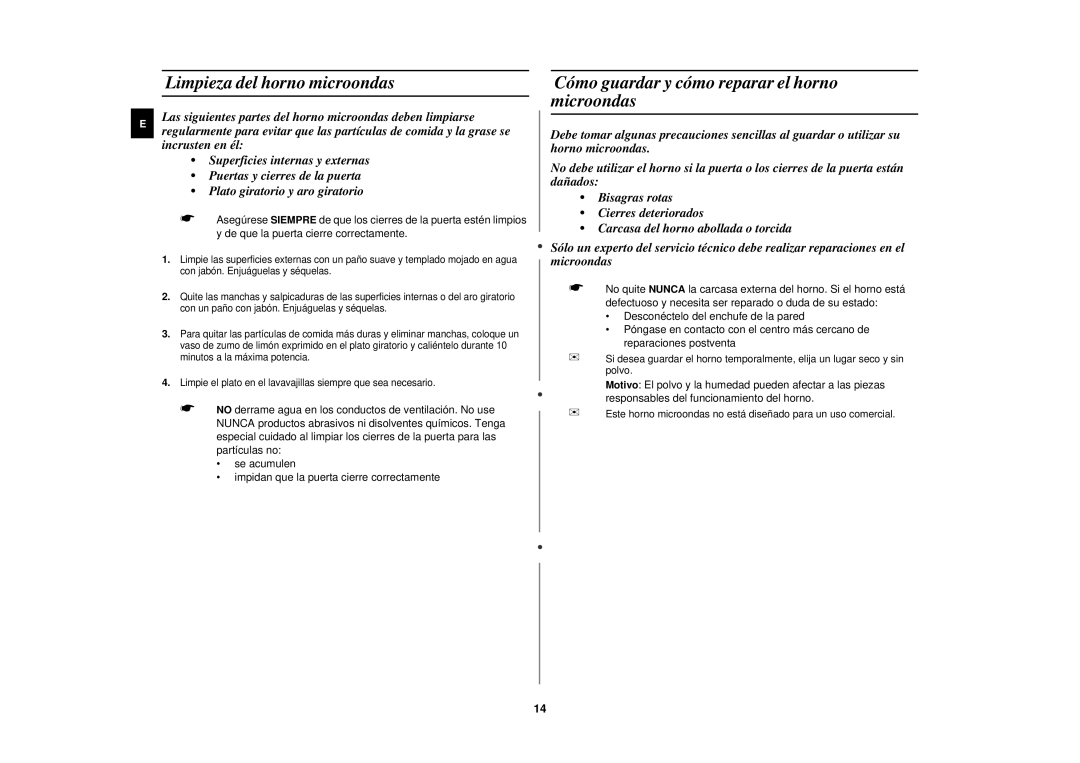 Samsung M197DF-5/XEC, M197DF/XEC manual Limpieza del horno microondas, Cómo guardar y cómo reparar el horno microondas 