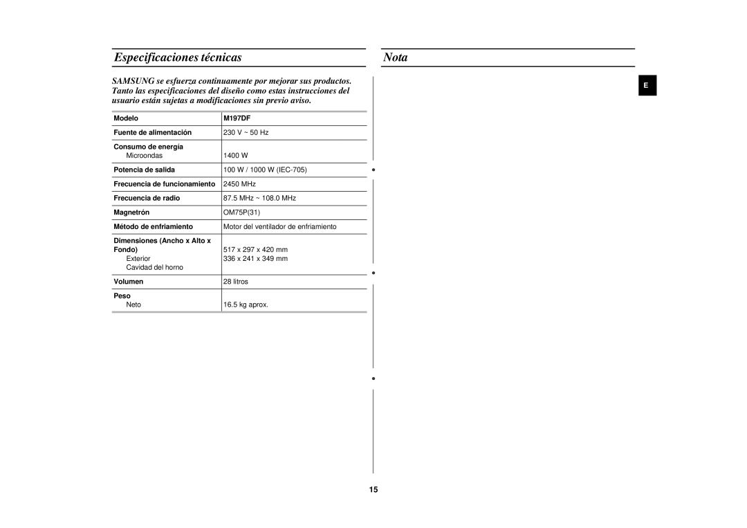 Samsung M197DF/XEC, M197DF-5/XEC manual Especificaciones técnicas Nota 